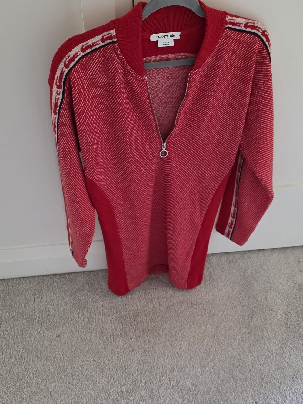 Lacoste Red Half-Zip Knit Turtleneck Sweater with Stripe Detail